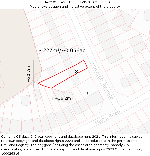 8, HAYCROFT AVENUE, BIRMINGHAM, B8 3LA: Plot and title map