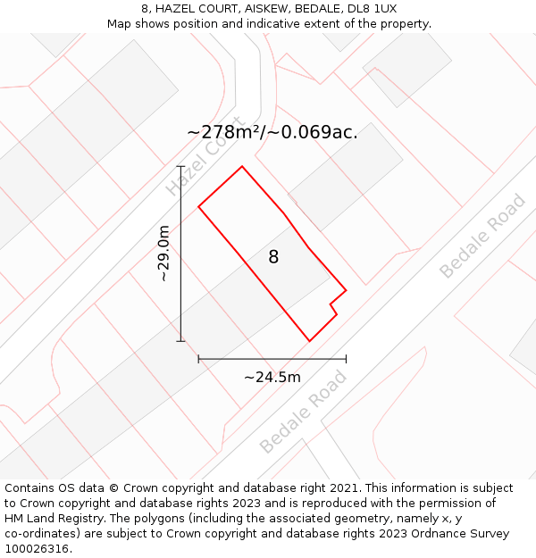 8, HAZEL COURT, AISKEW, BEDALE, DL8 1UX: Plot and title map