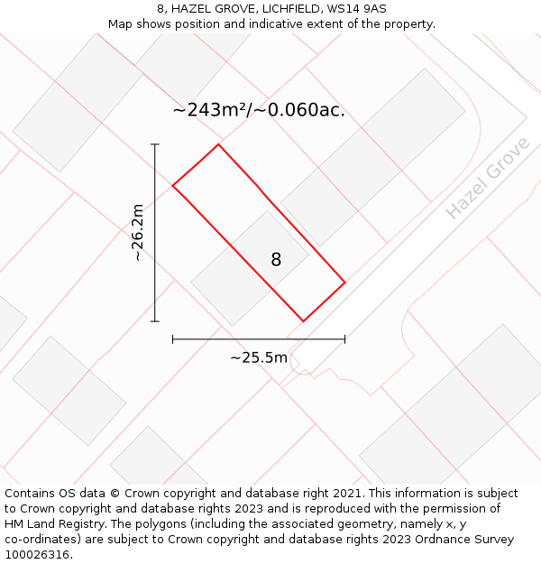 8, HAZEL GROVE, LICHFIELD, WS14 9AS: Plot and title map