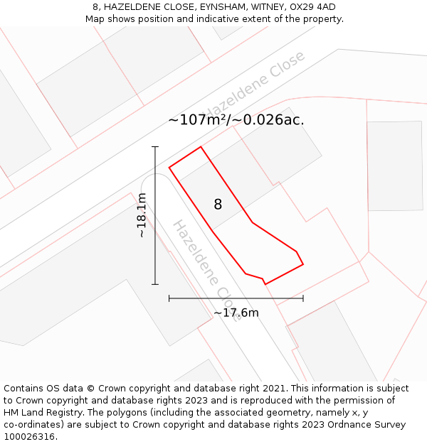 8, HAZELDENE CLOSE, EYNSHAM, WITNEY, OX29 4AD: Plot and title map