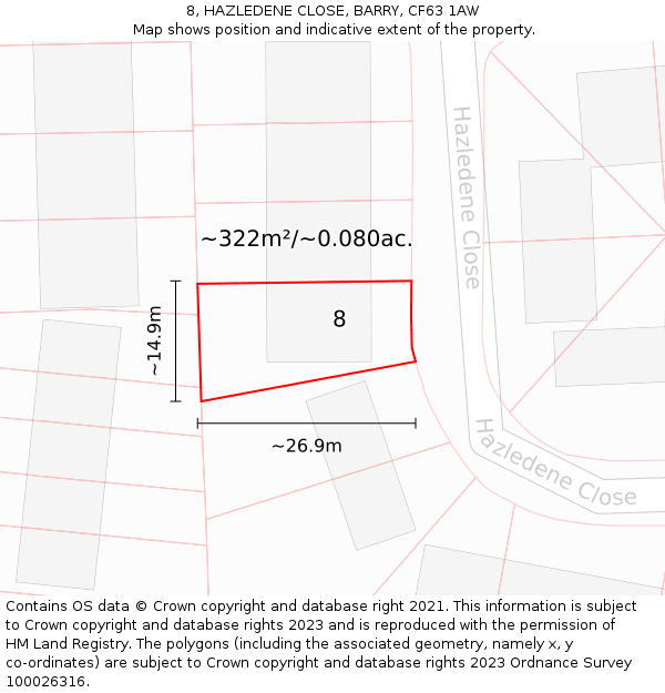 8, HAZLEDENE CLOSE, BARRY, CF63 1AW: Plot and title map