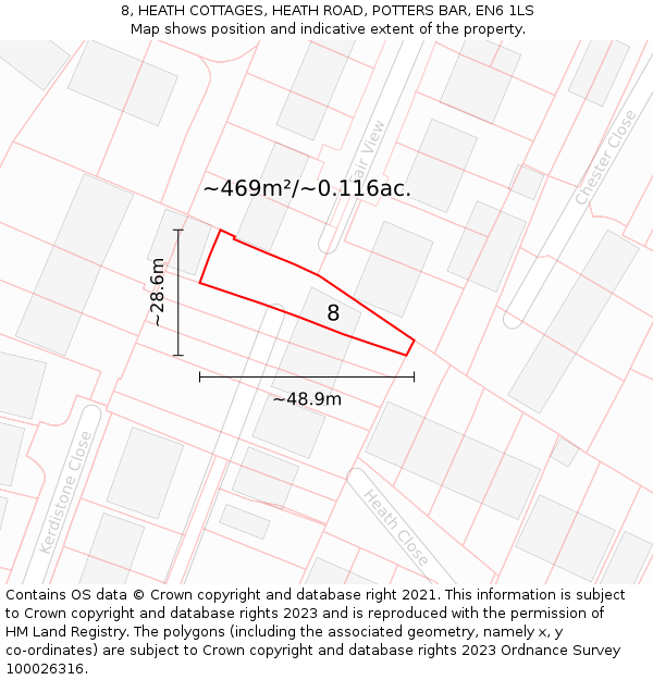 8, HEATH COTTAGES, HEATH ROAD, POTTERS BAR, EN6 1LS: Plot and title map