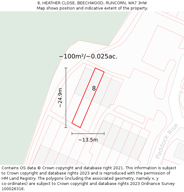 8, HEATHER CLOSE, BEECHWOOD, RUNCORN, WA7 3HW: Plot and title map