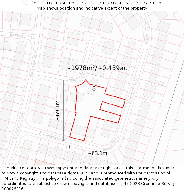 8, HEATHFIELD CLOSE, EAGLESCLIFFE, STOCKTON-ON-TEES, TS16 0HA: Plot and title map