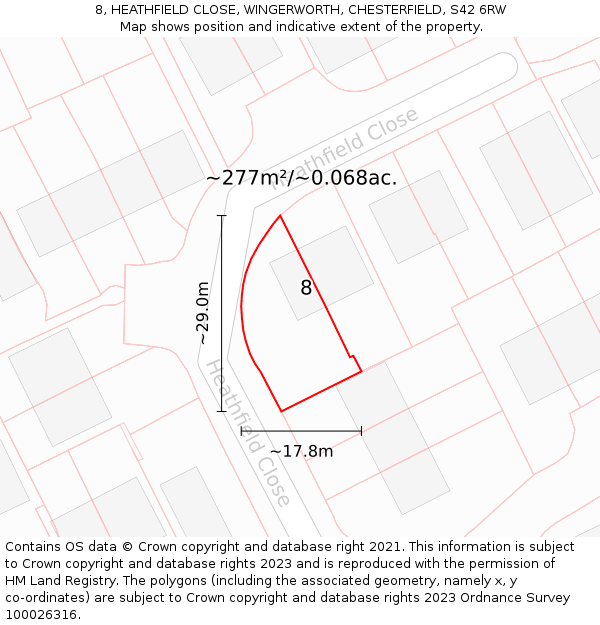 8, HEATHFIELD CLOSE, WINGERWORTH, CHESTERFIELD, S42 6RW: Plot and title map