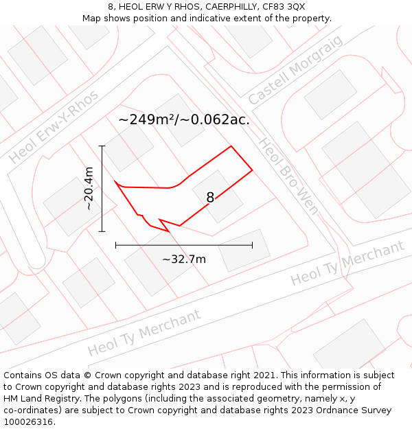 8, HEOL ERW Y RHOS, CAERPHILLY, CF83 3QX: Plot and title map