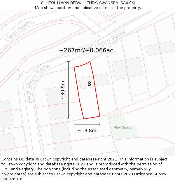 8, HEOL LLWYN BEDW, HENDY, SWANSEA, SA4 0XJ: Plot and title map