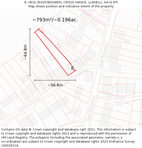 8, HEOL RHOSYBONWEN, CROSS HANDS, LLANELLI, SA14 6TF: Plot and title map