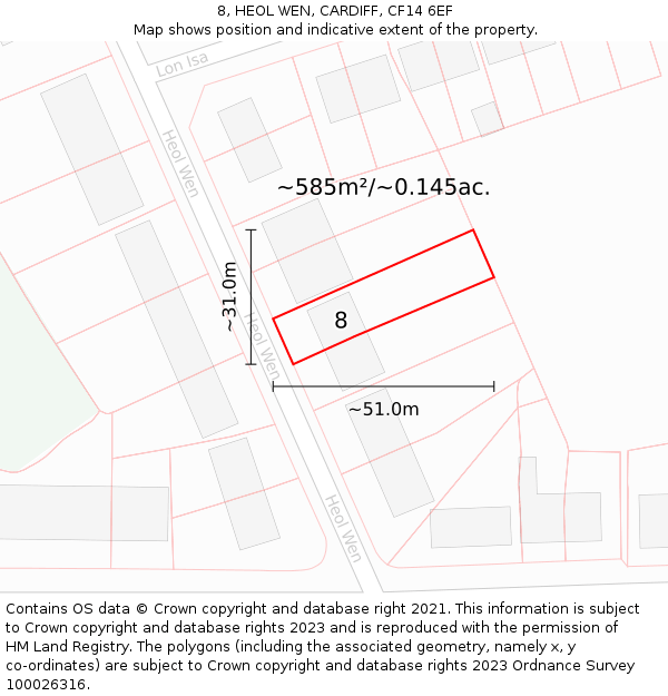 8, HEOL WEN, CARDIFF, CF14 6EF: Plot and title map