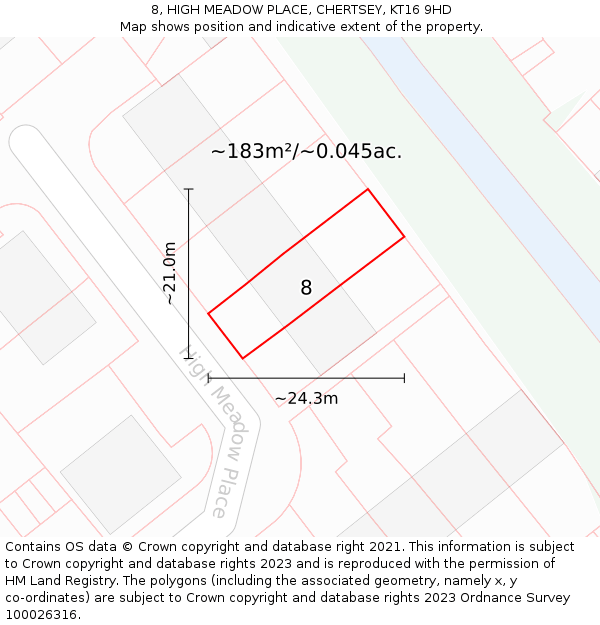 8, HIGH MEADOW PLACE, CHERTSEY, KT16 9HD: Plot and title map