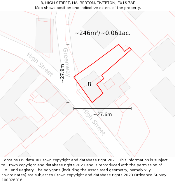 8, HIGH STREET, HALBERTON, TIVERTON, EX16 7AF: Plot and title map