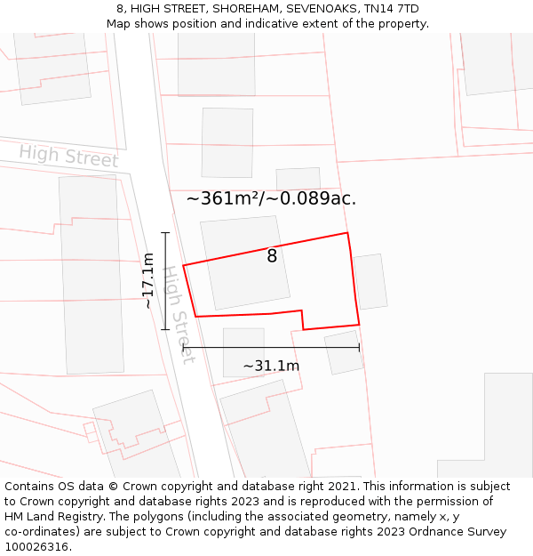8, HIGH STREET, SHOREHAM, SEVENOAKS, TN14 7TD: Plot and title map