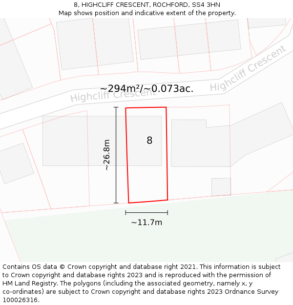 8, HIGHCLIFF CRESCENT, ROCHFORD, SS4 3HN: Plot and title map