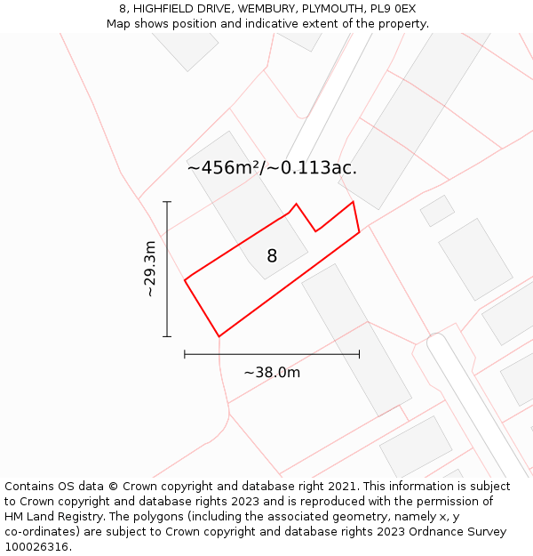 8, HIGHFIELD DRIVE, WEMBURY, PLYMOUTH, PL9 0EX: Plot and title map