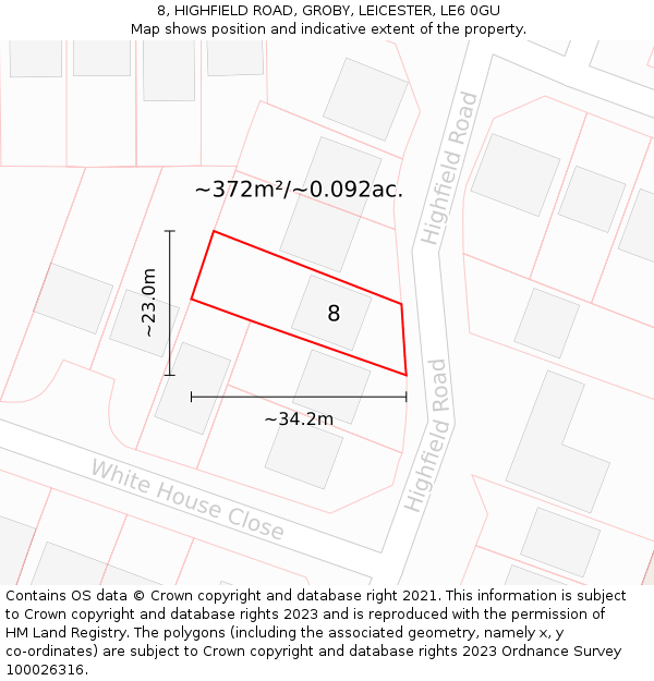 8, HIGHFIELD ROAD, GROBY, LEICESTER, LE6 0GU: Plot and title map