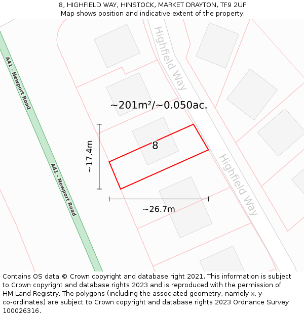 8, HIGHFIELD WAY, HINSTOCK, MARKET DRAYTON, TF9 2UF: Plot and title map