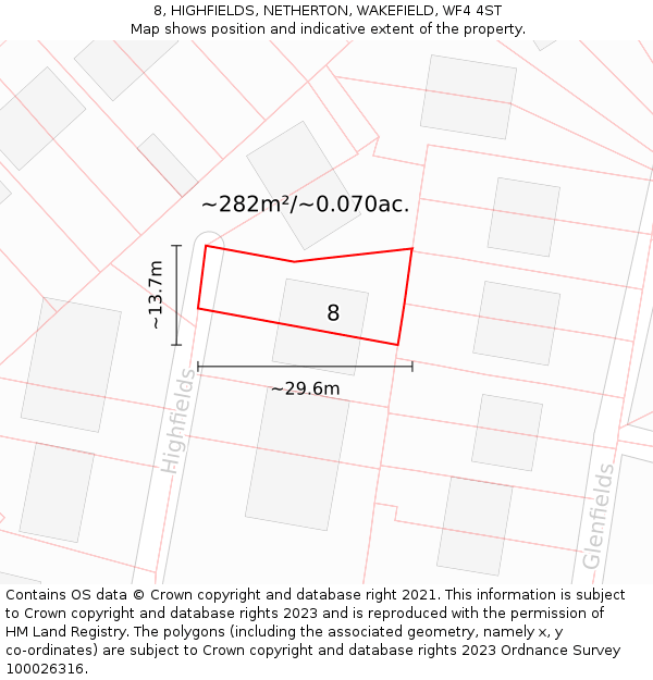 8, HIGHFIELDS, NETHERTON, WAKEFIELD, WF4 4ST: Plot and title map