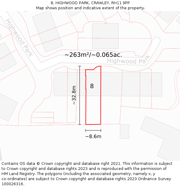 8, HIGHWOOD PARK, CRAWLEY, RH11 9PP: Plot and title map
