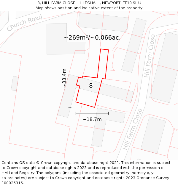 8, HILL FARM CLOSE, LILLESHALL, NEWPORT, TF10 9HU: Plot and title map