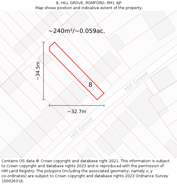 8, HILL GROVE, ROMFORD, RM1 4JP: Plot and title map