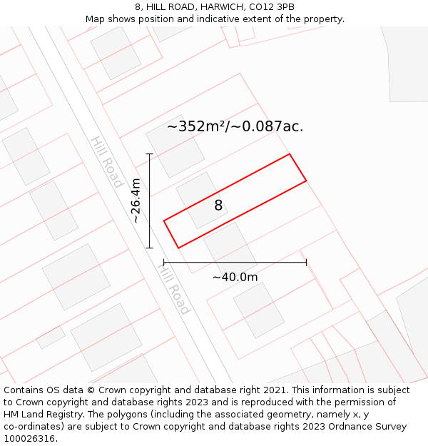 8, HILL ROAD, HARWICH, CO12 3PB: Plot and title map