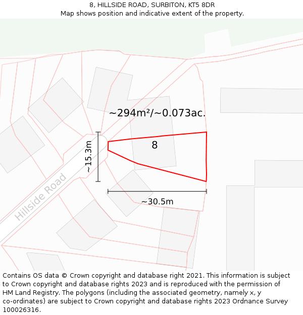 8, HILLSIDE ROAD, SURBITON, KT5 8DR: Plot and title map