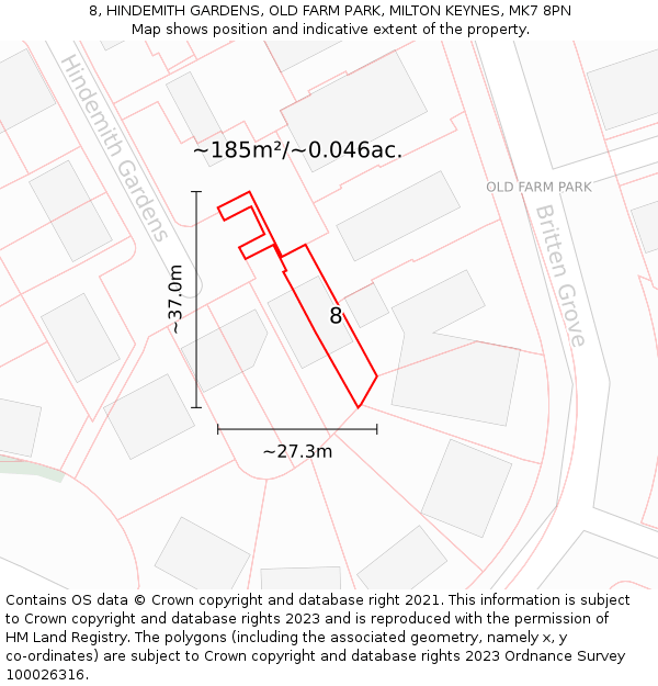 8, HINDEMITH GARDENS, OLD FARM PARK, MILTON KEYNES, MK7 8PN: Plot and title map