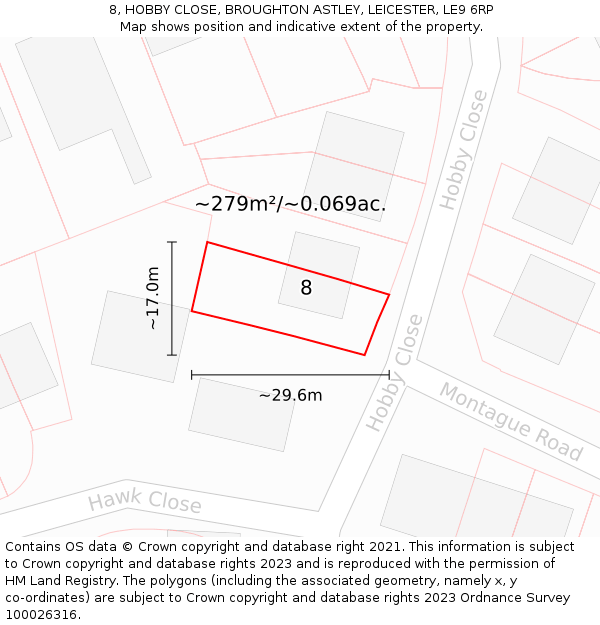 8, HOBBY CLOSE, BROUGHTON ASTLEY, LEICESTER, LE9 6RP: Plot and title map