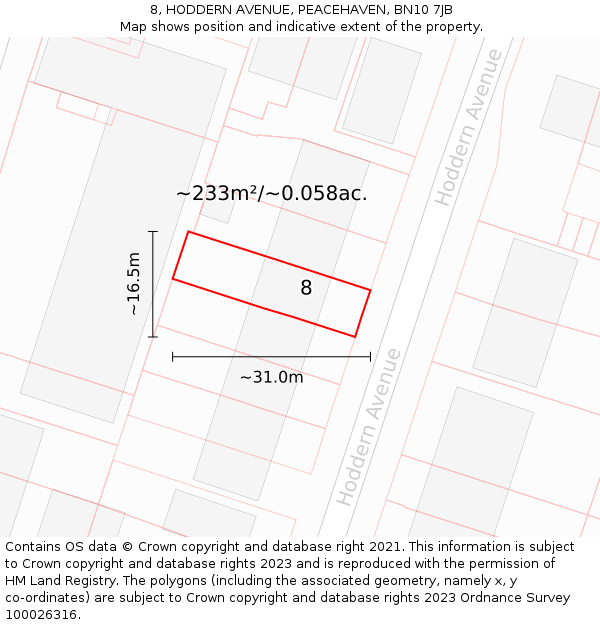 8, HODDERN AVENUE, PEACEHAVEN, BN10 7JB: Plot and title map