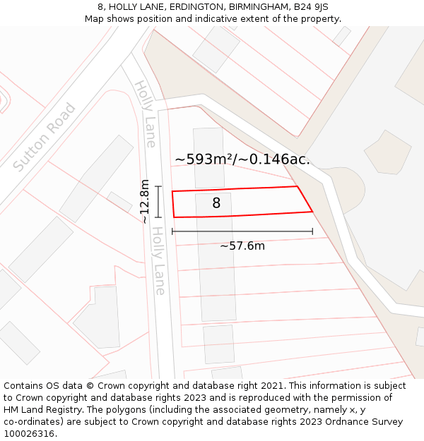 8, HOLLY LANE, ERDINGTON, BIRMINGHAM, B24 9JS: Plot and title map