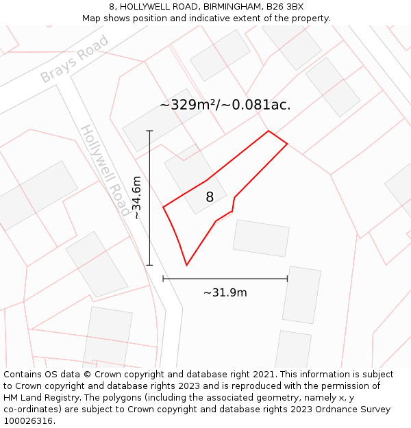 8, HOLLYWELL ROAD, BIRMINGHAM, B26 3BX: Plot and title map