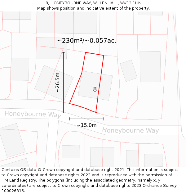 8, HONEYBOURNE WAY, WILLENHALL, WV13 1HN: Plot and title map