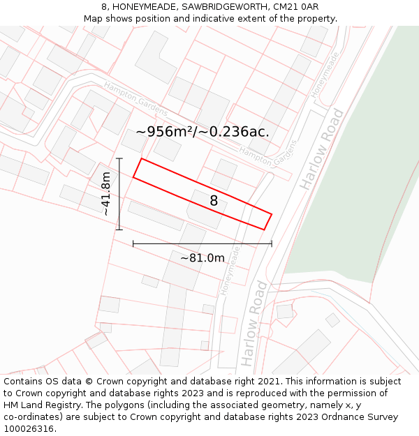 8, HONEYMEADE, SAWBRIDGEWORTH, CM21 0AR: Plot and title map