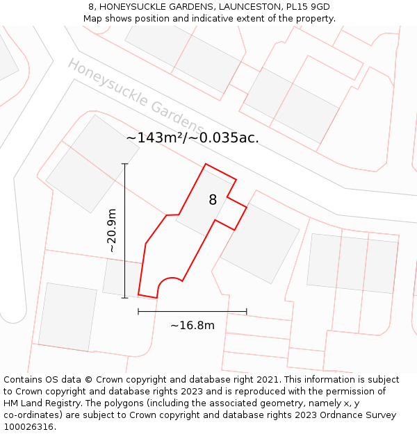 8, HONEYSUCKLE GARDENS, LAUNCESTON, PL15 9GD: Plot and title map