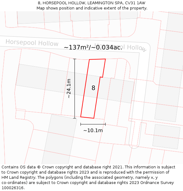8, HORSEPOOL HOLLOW, LEAMINGTON SPA, CV31 1AW: Plot and title map