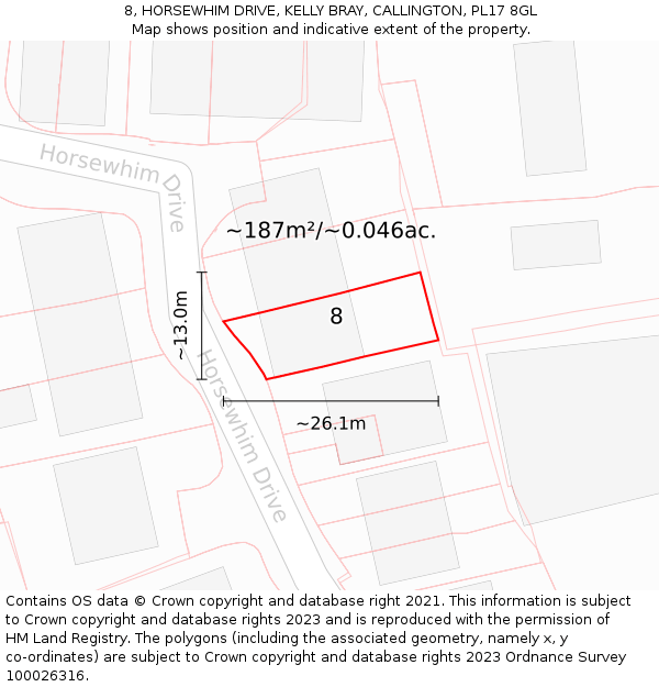 8, HORSEWHIM DRIVE, KELLY BRAY, CALLINGTON, PL17 8GL: Plot and title map