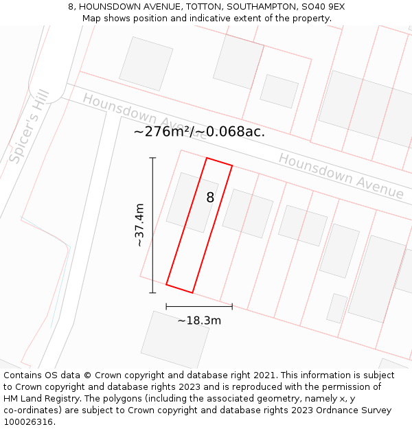 8, HOUNSDOWN AVENUE, TOTTON, SOUTHAMPTON, SO40 9EX: Plot and title map