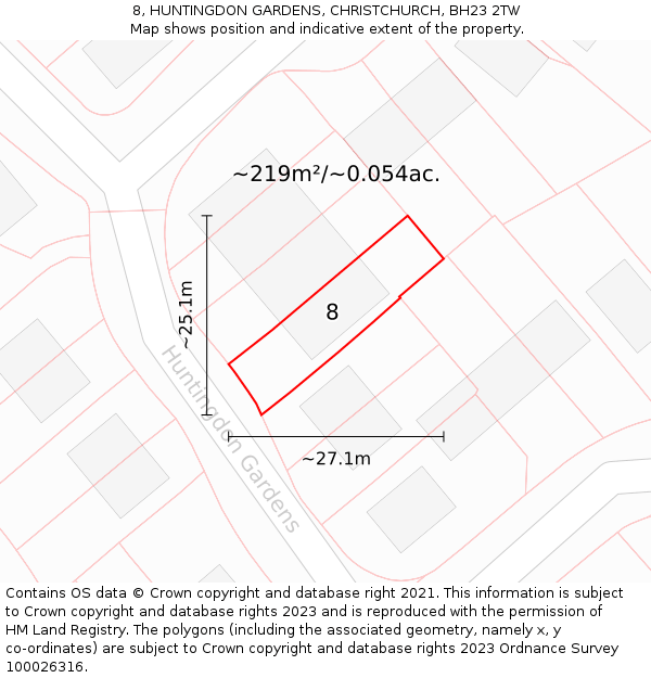 8, HUNTINGDON GARDENS, CHRISTCHURCH, BH23 2TW: Plot and title map