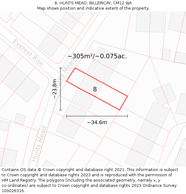 8, HUNTS MEAD, BILLERICAY, CM12 9JA: Plot and title map