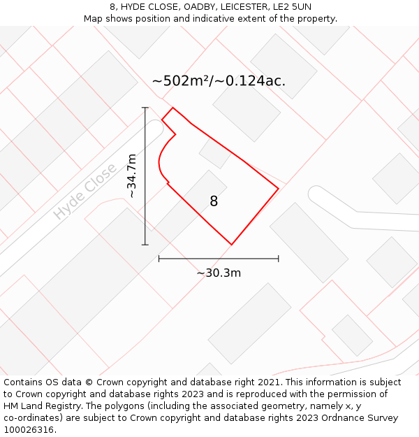 8, HYDE CLOSE, OADBY, LEICESTER, LE2 5UN: Plot and title map