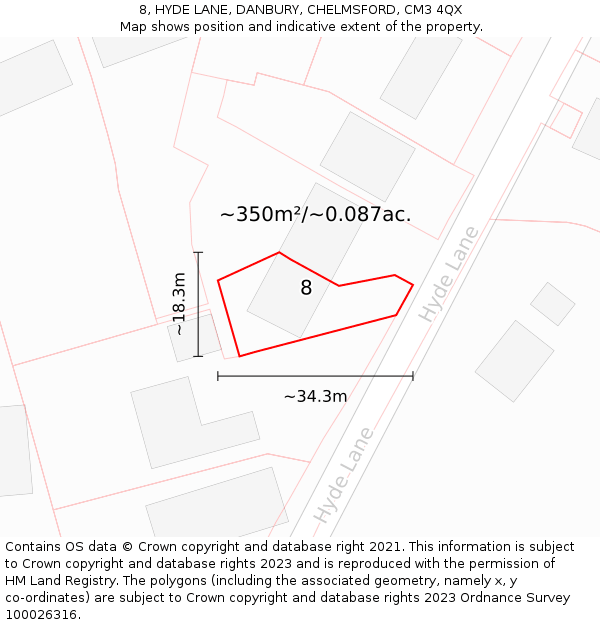 8, HYDE LANE, DANBURY, CHELMSFORD, CM3 4QX: Plot and title map