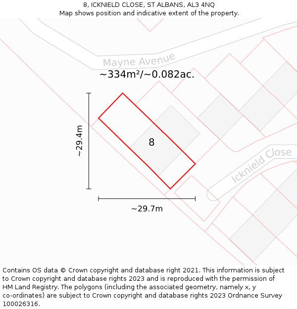 8, ICKNIELD CLOSE, ST ALBANS, AL3 4NQ: Plot and title map