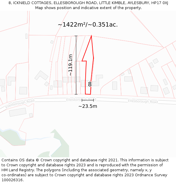 8, ICKNIELD COTTAGES, ELLESBOROUGH ROAD, LITTLE KIMBLE, AYLESBURY, HP17 0XJ: Plot and title map