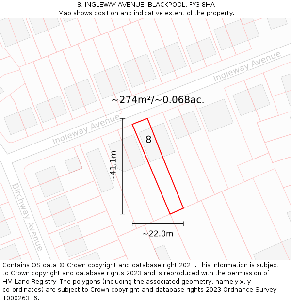 8, INGLEWAY AVENUE, BLACKPOOL, FY3 8HA: Plot and title map