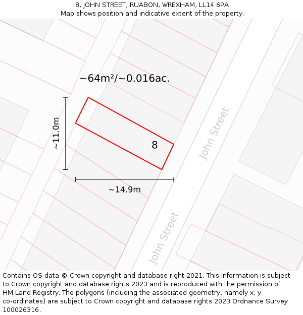 8, JOHN STREET, RUABON, WREXHAM, LL14 6PA: Plot and title map