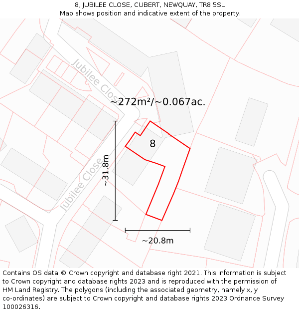 8, JUBILEE CLOSE, CUBERT, NEWQUAY, TR8 5SL: Plot and title map