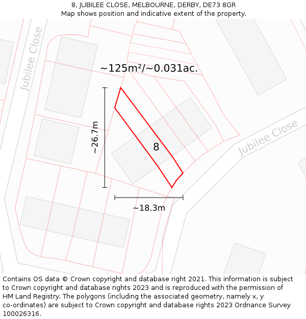 8, JUBILEE CLOSE, MELBOURNE, DERBY, DE73 8GR: Plot and title map