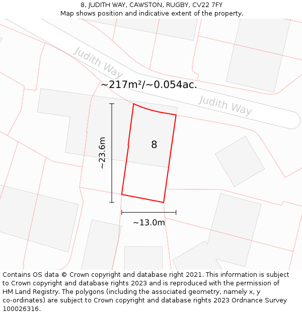 8, JUDITH WAY, CAWSTON, RUGBY, CV22 7FY: Plot and title map