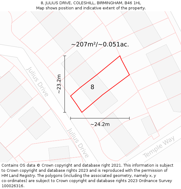 8, JULIUS DRIVE, COLESHILL, BIRMINGHAM, B46 1HL: Plot and title map