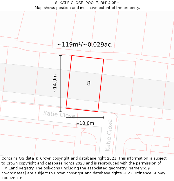 8, KATIE CLOSE, POOLE, BH14 0BH: Plot and title map